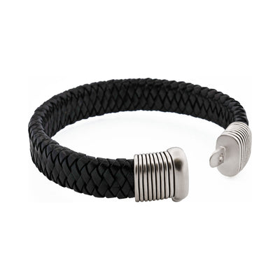 Black Woven Leather Bracelet with Brushed Rhodium Plated Sterling Silver Clasp