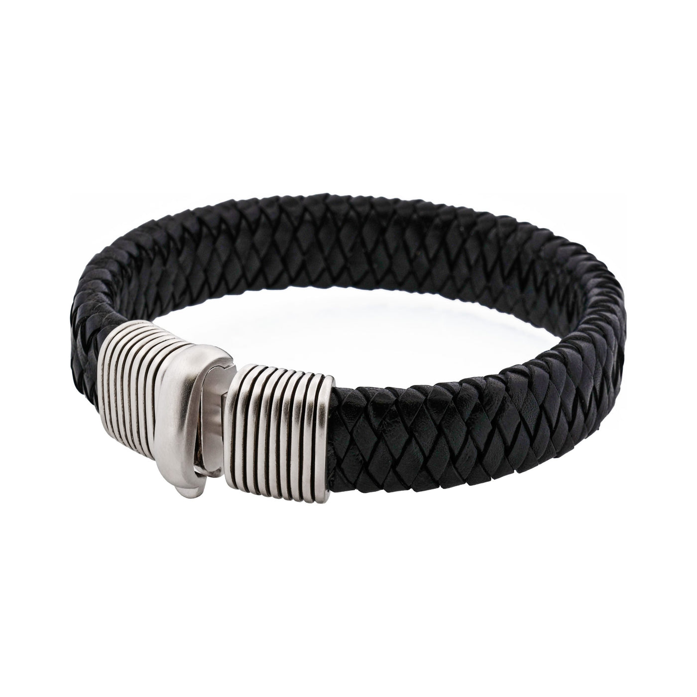 Black Woven Leather Bracelet with Brushed Rhodium Plated Sterling Silver Clasp