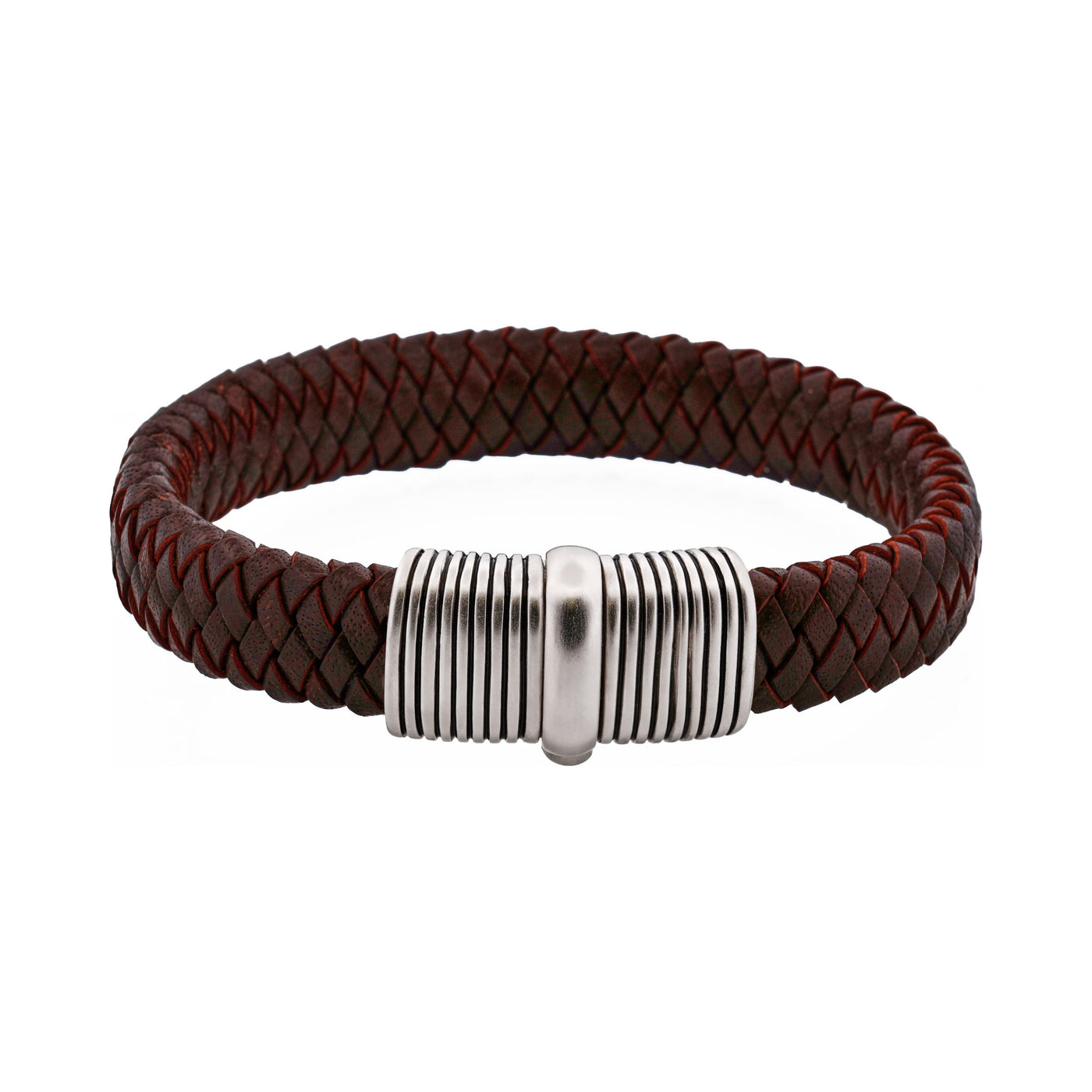 Brown Woven Leather Bracelet with Brushed Rhodium Plated Sterling Silver Clasp