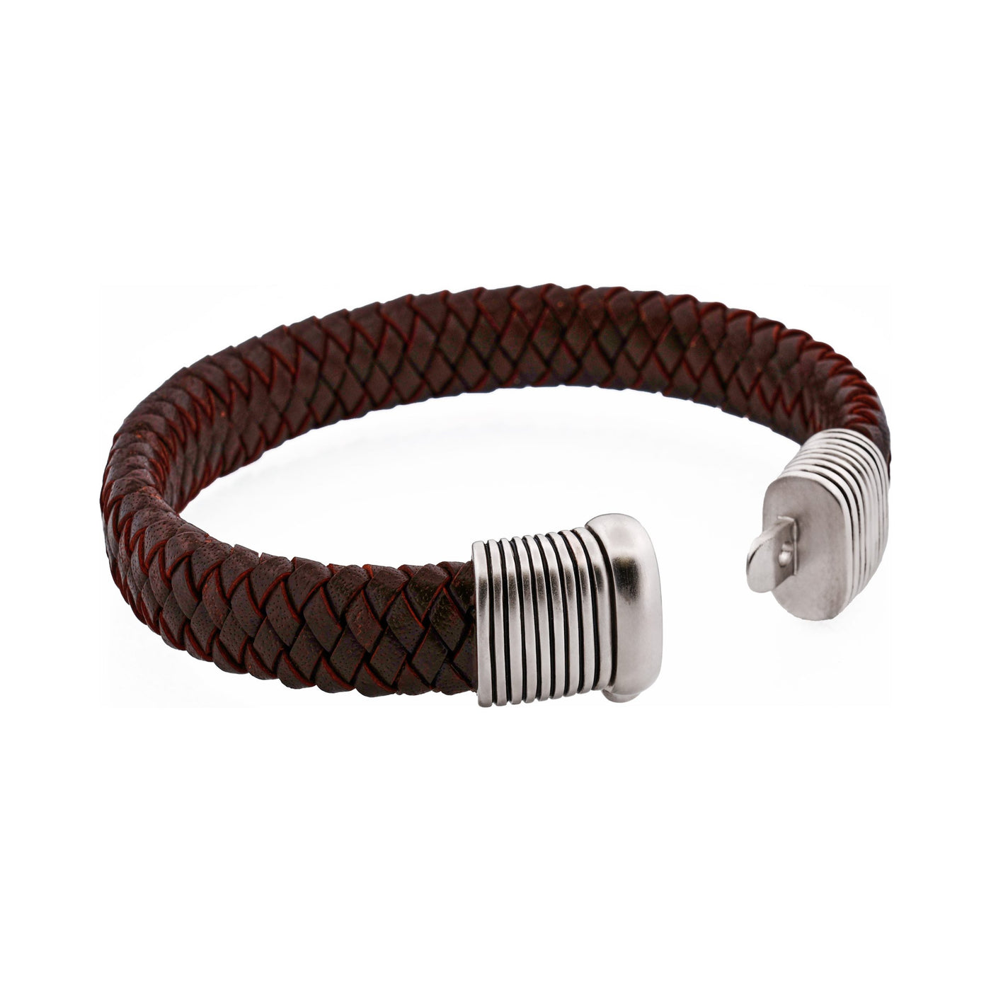 Brown Woven Leather Bracelet with Brushed Rhodium Plated Sterling Silver Clasp