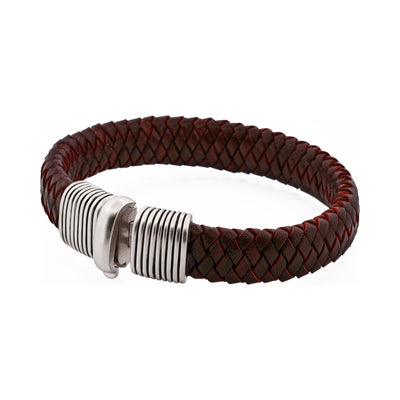 Brown Woven Leather Bracelet with Brushed Rhodium Plated Sterling Silver Clasp