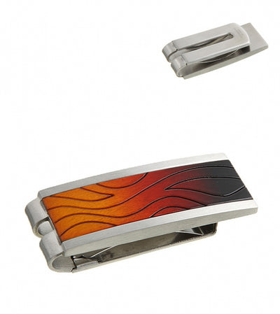 Brushed Stainless Steel Money Clip with Wood Flame Pattern