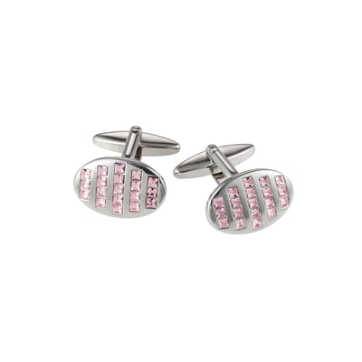 Rhodium Plated Pink Crystal Oval Cufflinks