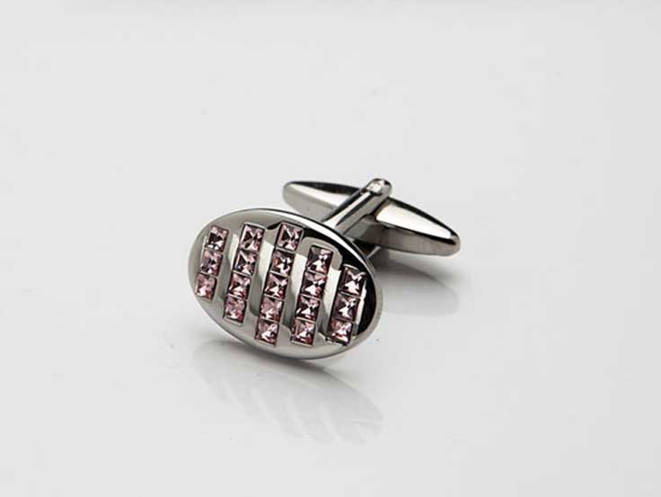 Rhodium Plated Pink Crystal Oval Cufflinks