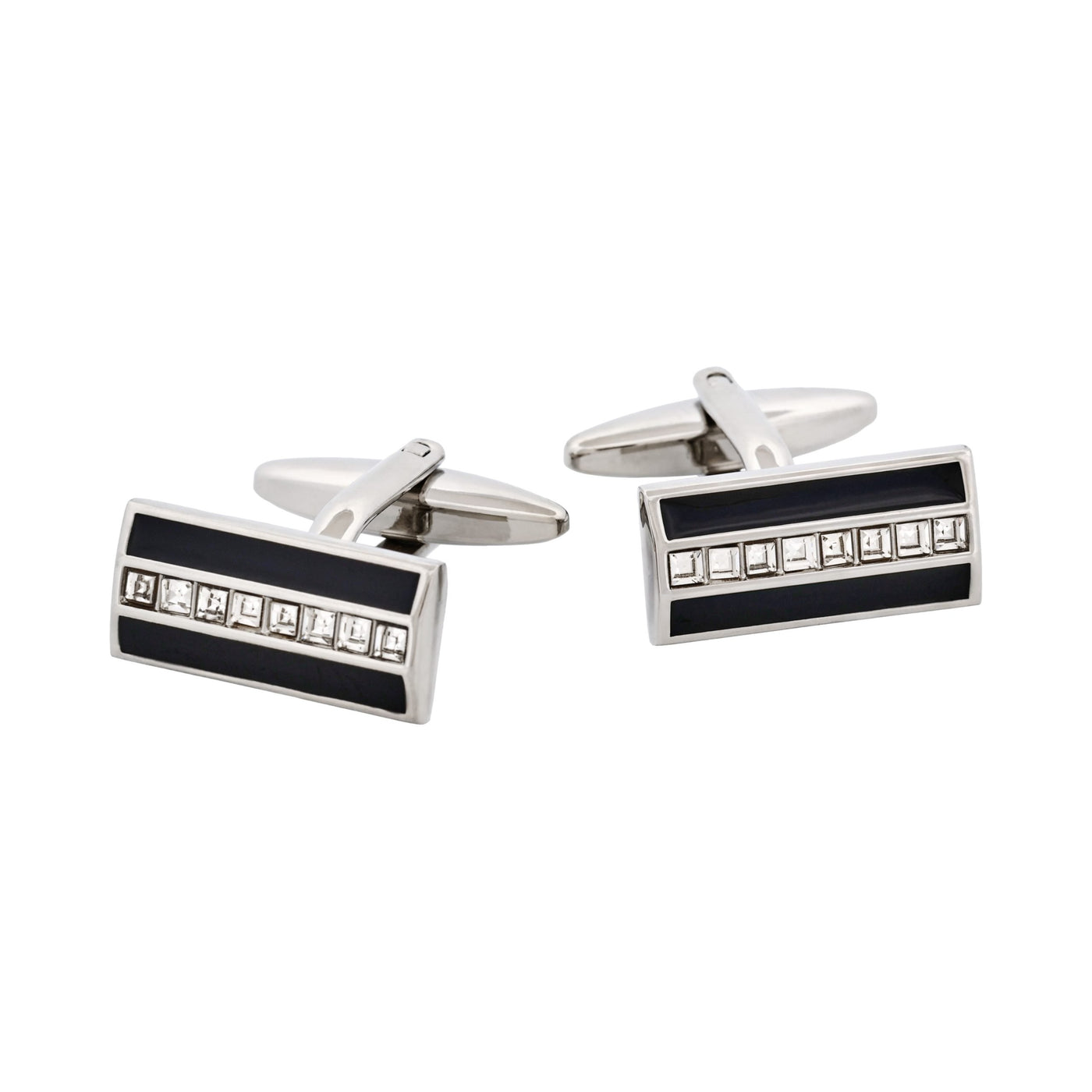 Rhodium Plated Onyx & Crystal Rectangle Cufflinks