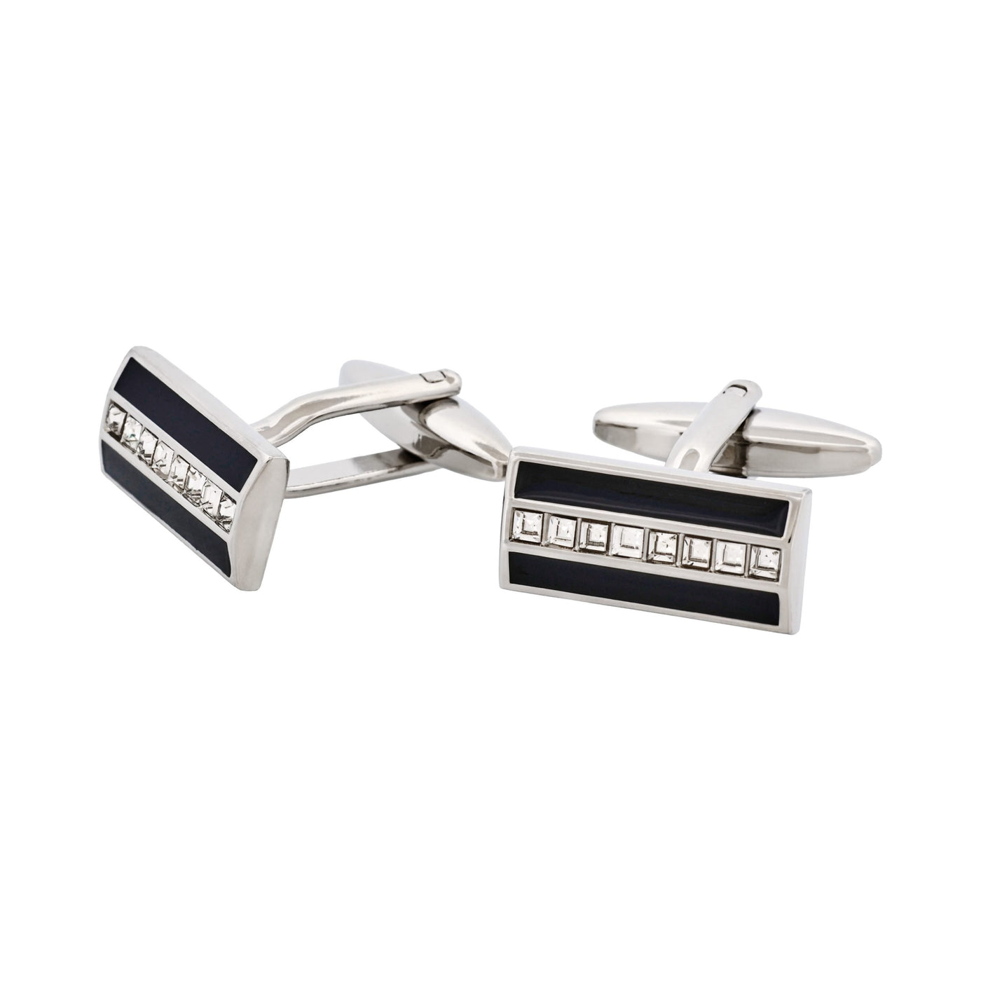 Rhodium Plated Onyx & Crystal Rectangle Cufflinks