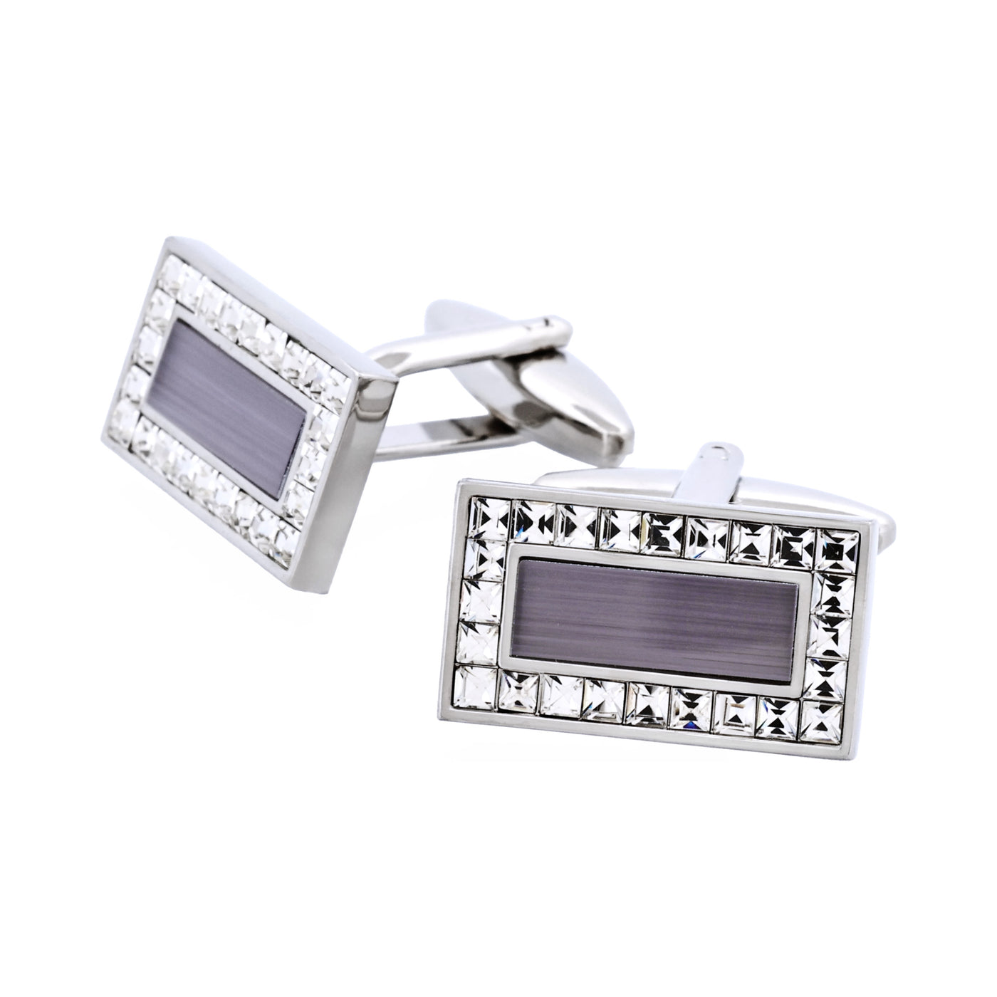 Rhodium Plated Grey Cat’s Eye & Crystal Rectangle Cufflinks
