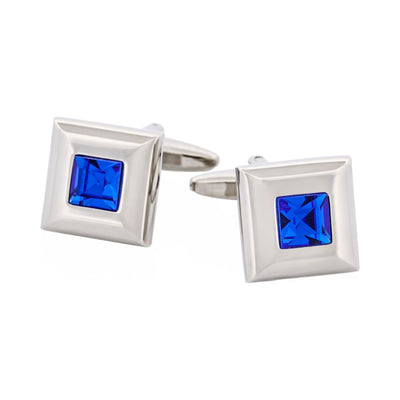 Polished Rhodium Plated Square Cufflinks with Sapphire Crystal Centre