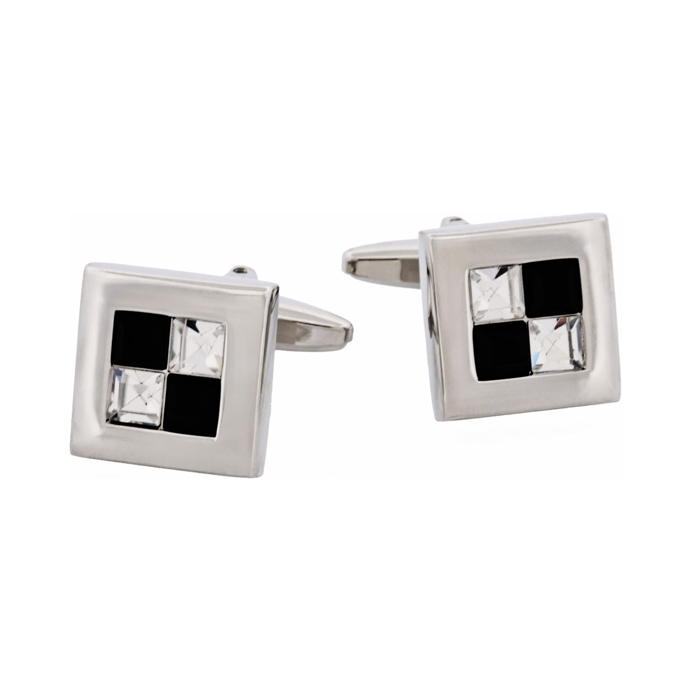 Rhodium Plated Jet & Crystal Check Cufflinks