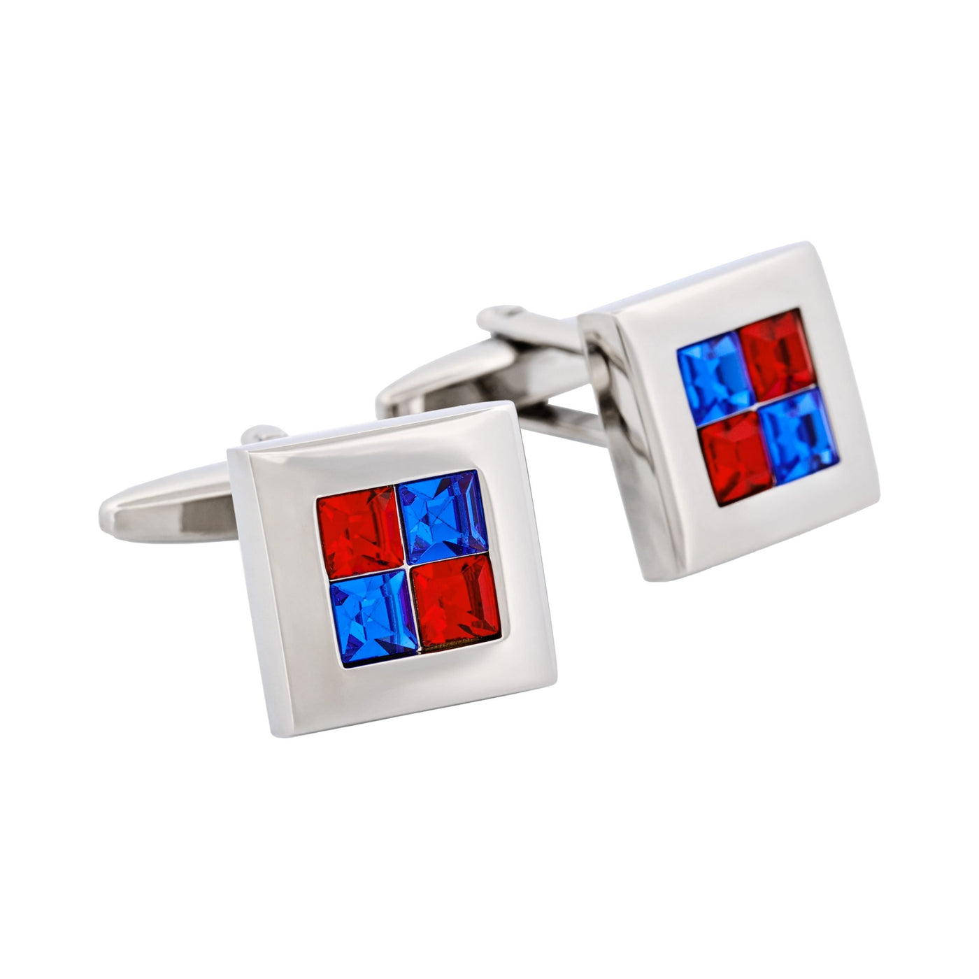 Rhodium Plated Siam & Sapphire Crystal Check Cufflinks