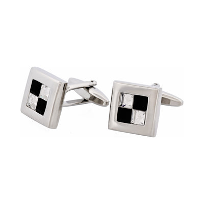 Rhodium Plated Jet & Crystal Check Cufflinks