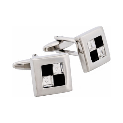 Rhodium Plated Jet & Crystal Check Cufflinks