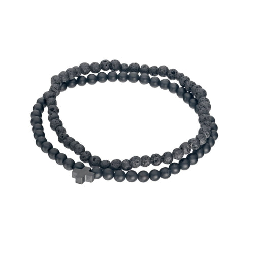 Onyx and lava stone bracelet with matte black cross – men’s beaded jewellery Australia