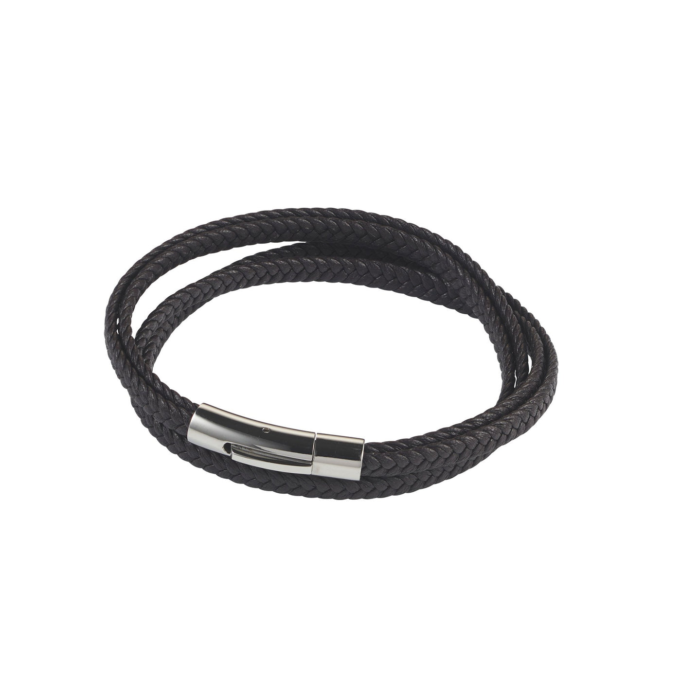 Stainless Steel & Black Leather Double Strand Bracelet