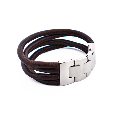 Multi Strand Brown Lamb Leather- Stainless Steel Bracelet