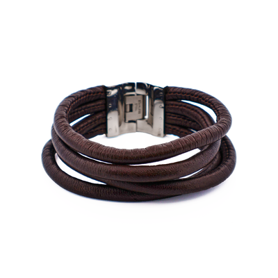 Multi Strand Brown Lamb Leather- Stainless Steel Bracelet