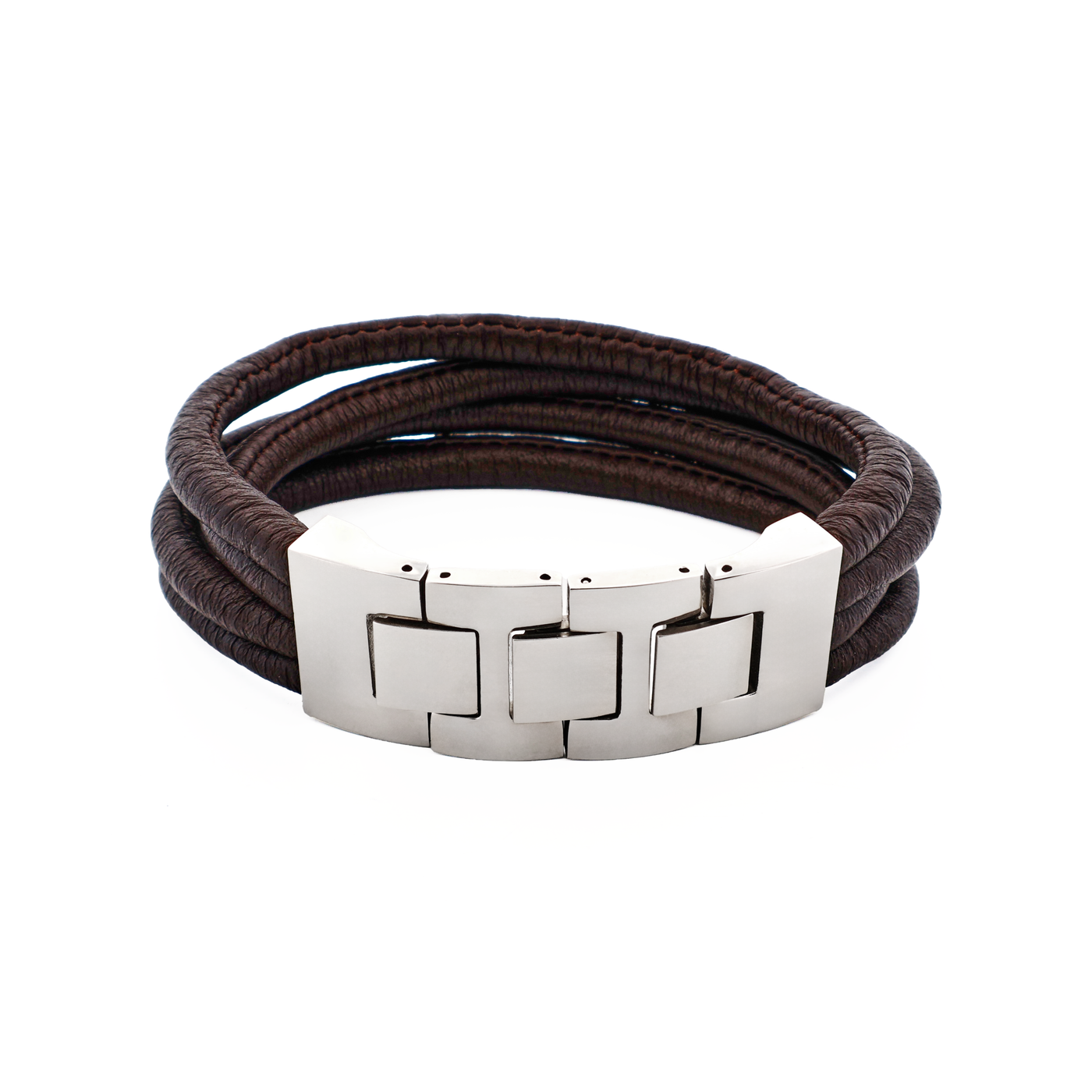 Multi Strand Brown Lamb Leather- Stainless Steel Bracelet