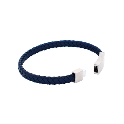 Thin Navy Leather Stainless Steel Bracelet