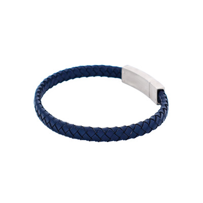 Thin Navy Leather Stainless Steel Bracelet