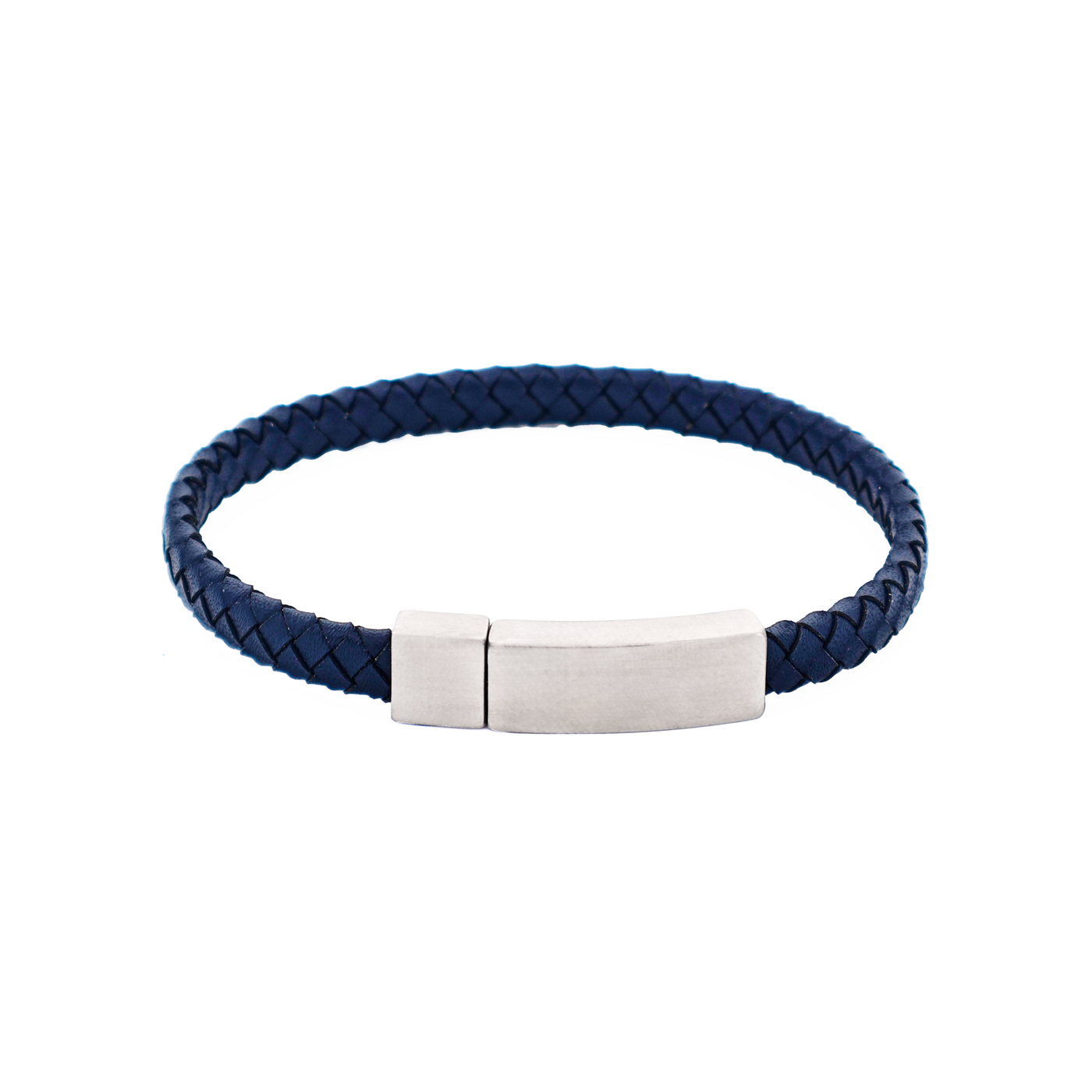 Thin Navy Leather Stainless Steel Bracelet
