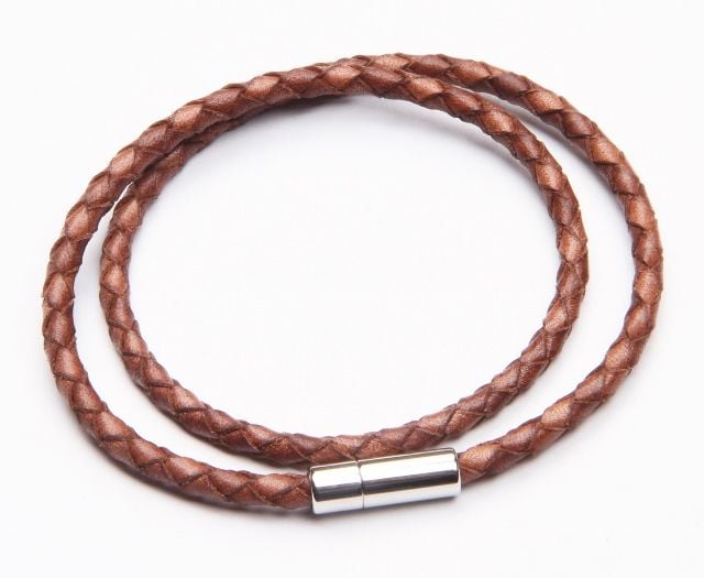 Tan Leather Double Wrap Bracelet with Polished Stainless Steel Clasp