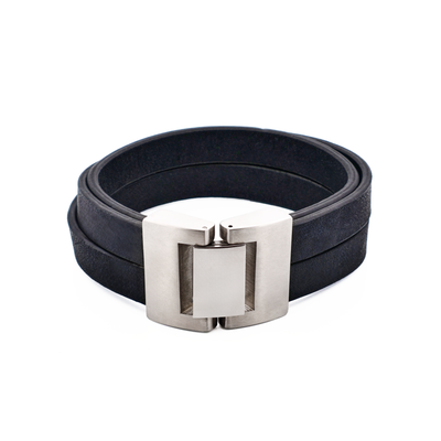 Thick Black Leather Multi Strand & Stainless Steel Bracelet