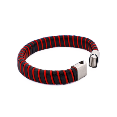 Black & Red Leather Bracelet with Stainless Steel Clasp