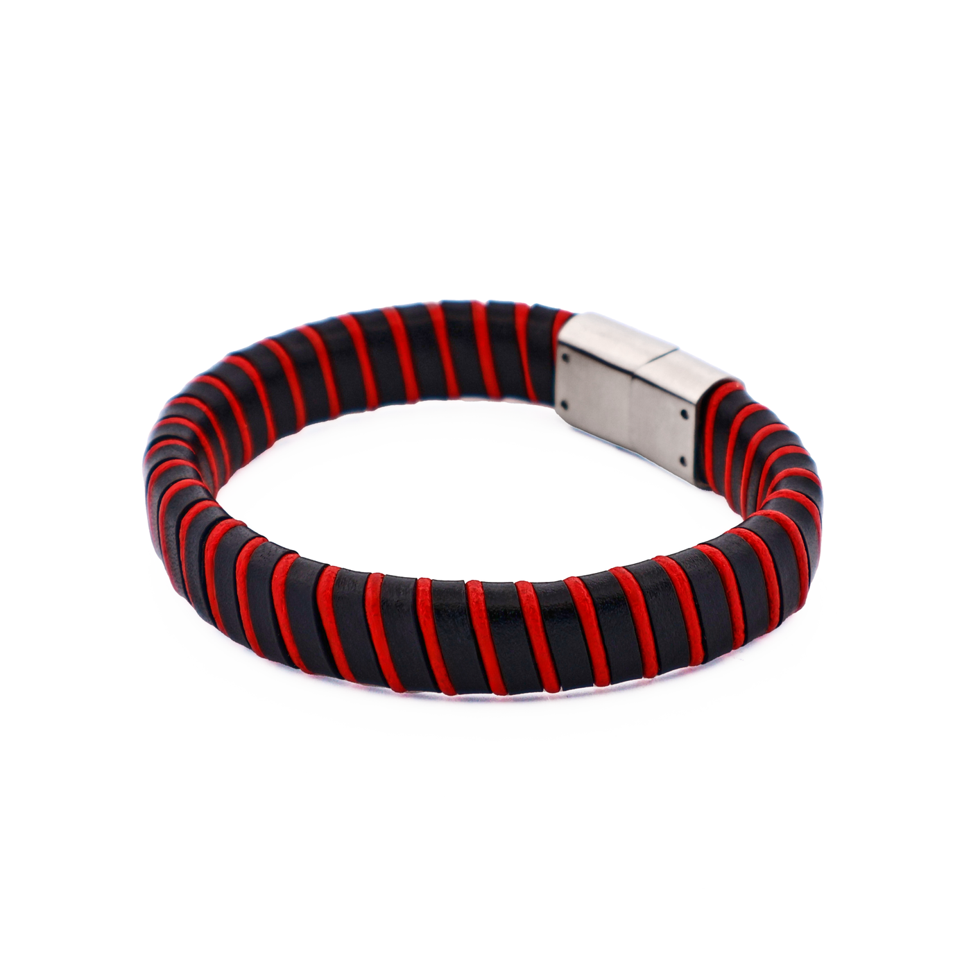 Black & Red Leather Bracelet with Stainless Steel Clasp