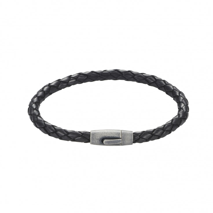 Black Leather Plaited Bracelet with Antique Plated Stainless Steel Clasp