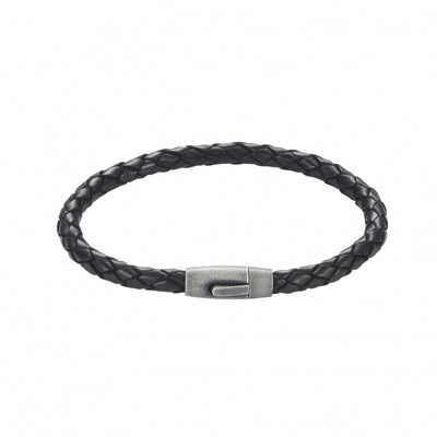 Black Leather Plaited Bracelet with Antique Plated Stainless Steel Clasp