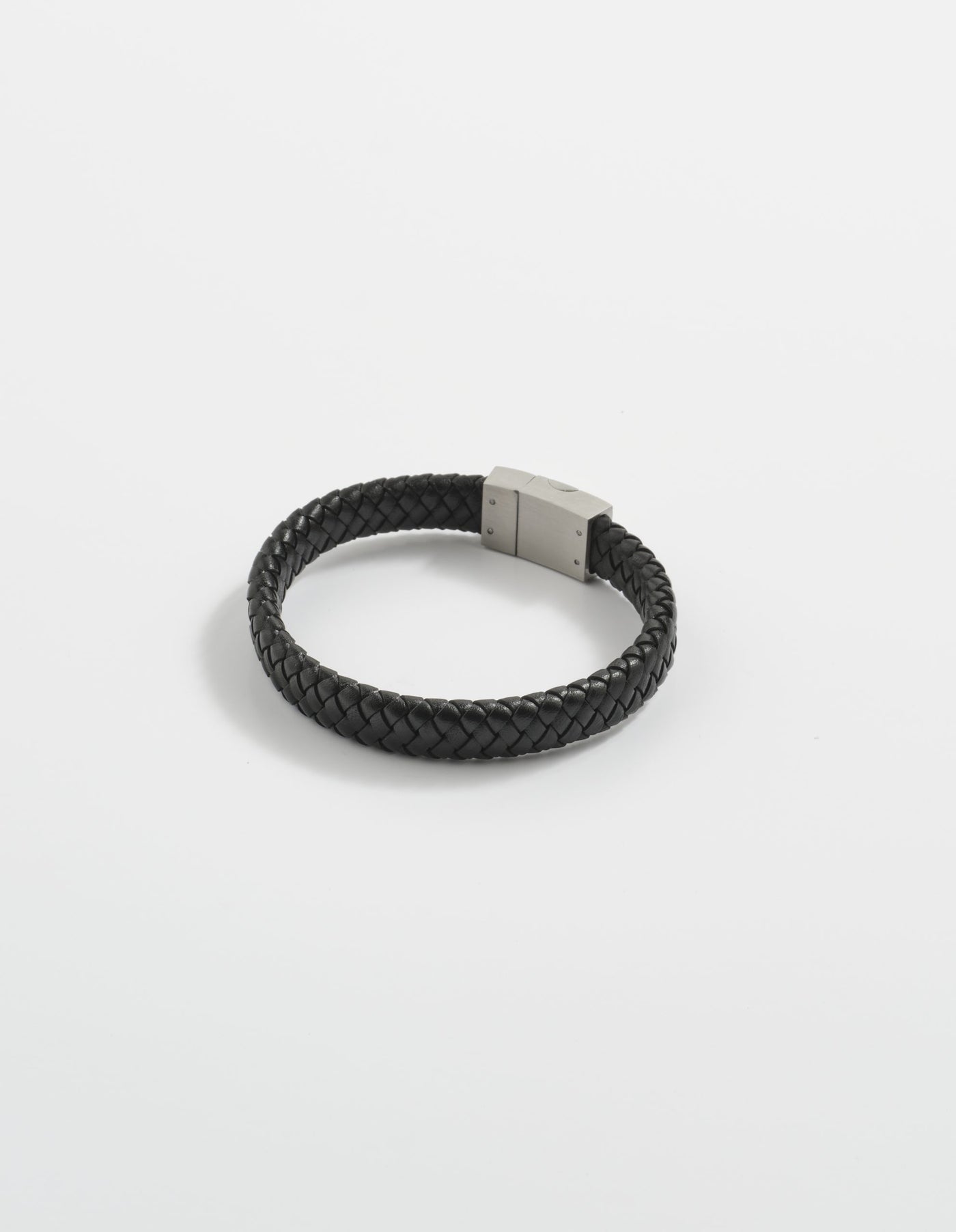 Black Leather Plaited Bracelet with Antique Plated Stainless Steel Clasp