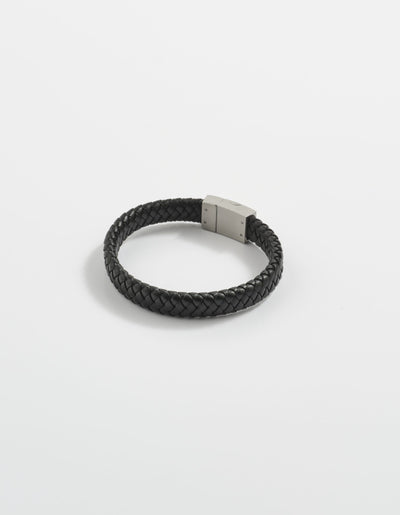 Black Leather Plaited Bracelet with Antique Plated Stainless Steel Clasp