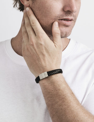 Black Leather Plaited Bracelet with Antique Plated Stainless Steel Clasp