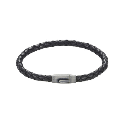 Black Leather Plaited Bracelet with Antique Plated Stainless Steel Clasp