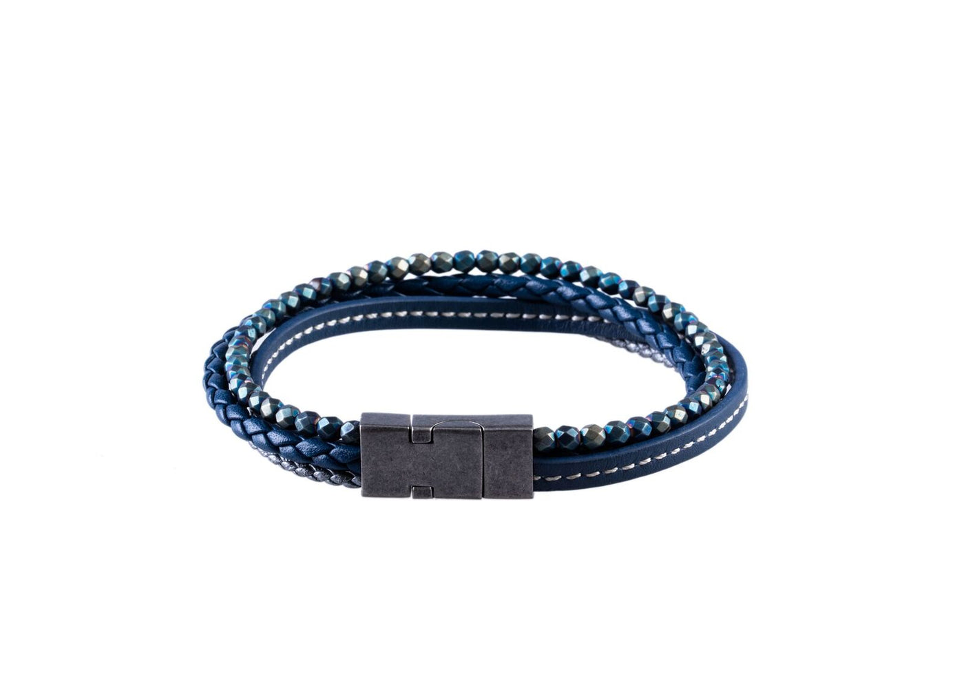 Multi-Strand Black Leather & Earth Coloured Hematite Beads Bracelet with Ion Plated Antique Stainless Steel Magnetic Clasp