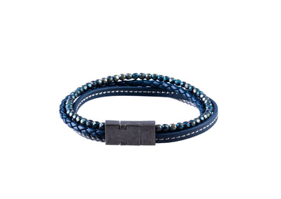 Multi-Strand Black Leather & Earth Coloured Hematite Beads Bracelet with Ion Plated Antique Stainless Steel Magnetic Clasp