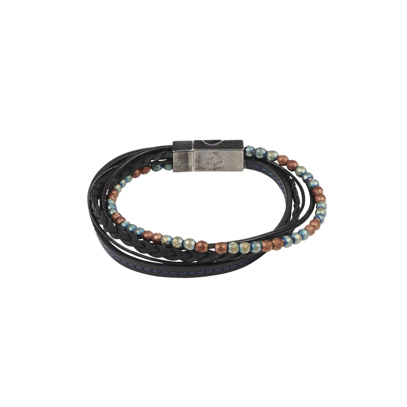 Multi-Strand Black Leather & Earth Coloured Hematite Beads Bracelet with Ion Plated Antique Stainless Steel Magnetic Clasp