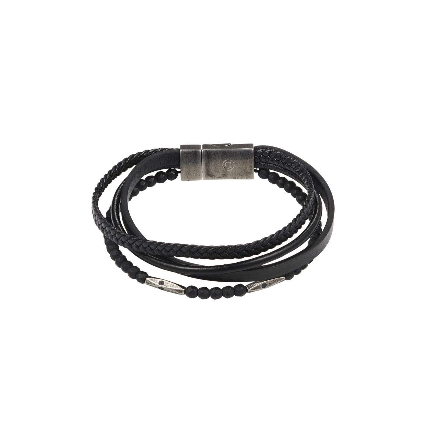 Multi-Strand Black Leather & Earth Coloured Hematite Beads Bracelet with Ion Plated Antique Stainless Steel Magnetic Clasp