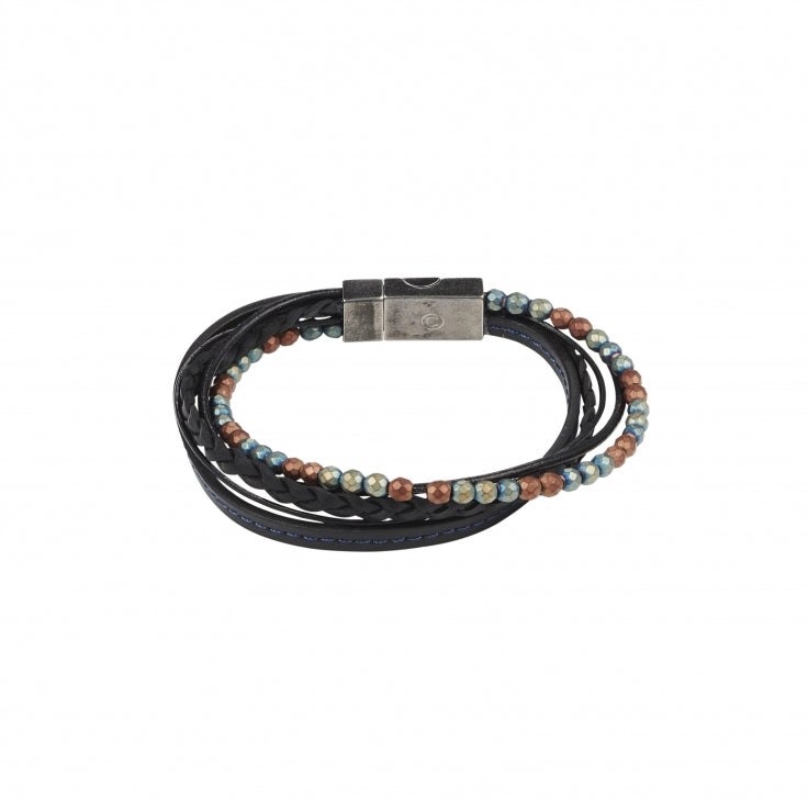 Multi-Strand Black Leather & Earth Coloured Hematite Beads Bracelet with Ion Plated Antique Stainless Steel Magnetic Clasp