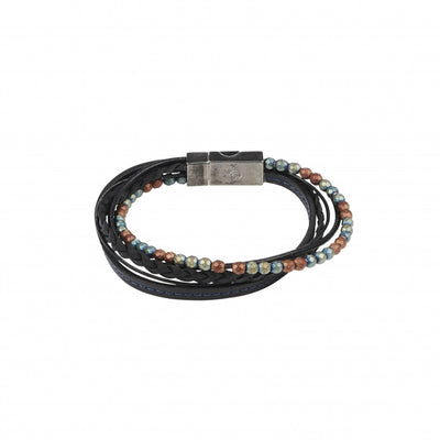 Multi-Strand Black Leather & Earth Coloured Hematite Beads Bracelet with Ion Plated Antique Stainless Steel Magnetic Clasp