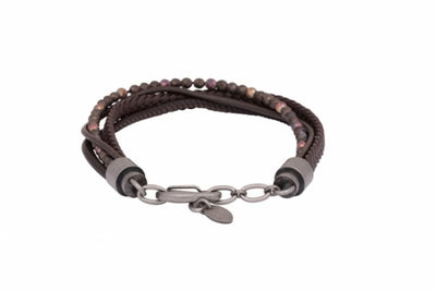 Multi-Strand Brown Leather & Hematite Beads Bracelet with Ion Plated Antique Stainless Steel Clasp