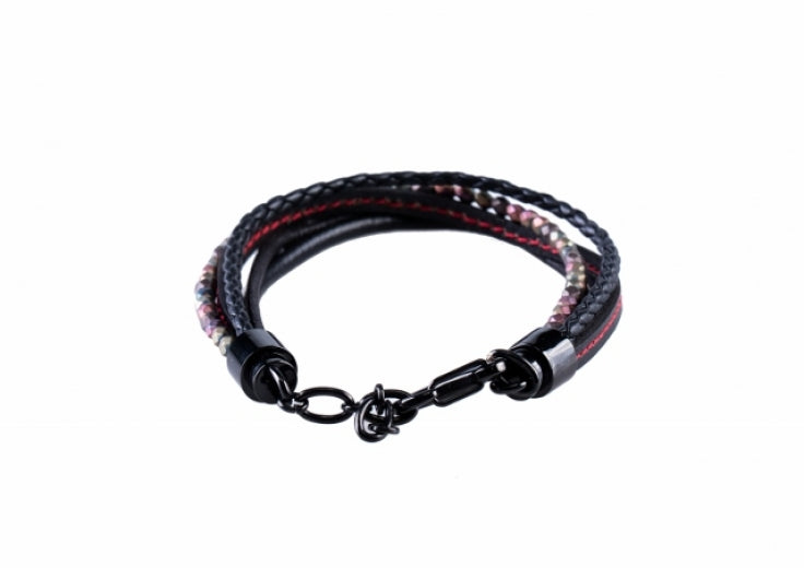Multi-Strand Black Leather & Hematite Beads Bracelet with Ion Plated Black Polished Stainless Steel Clasp