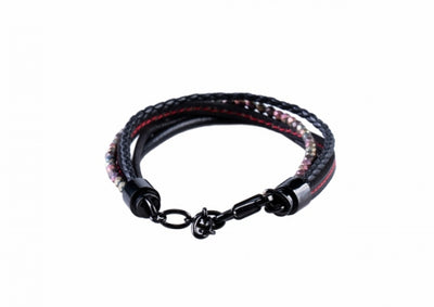 Multi-Strand Black Leather & Hematite Beads Bracelet with Ion Plated Black Polished Stainless Steel Clasp
