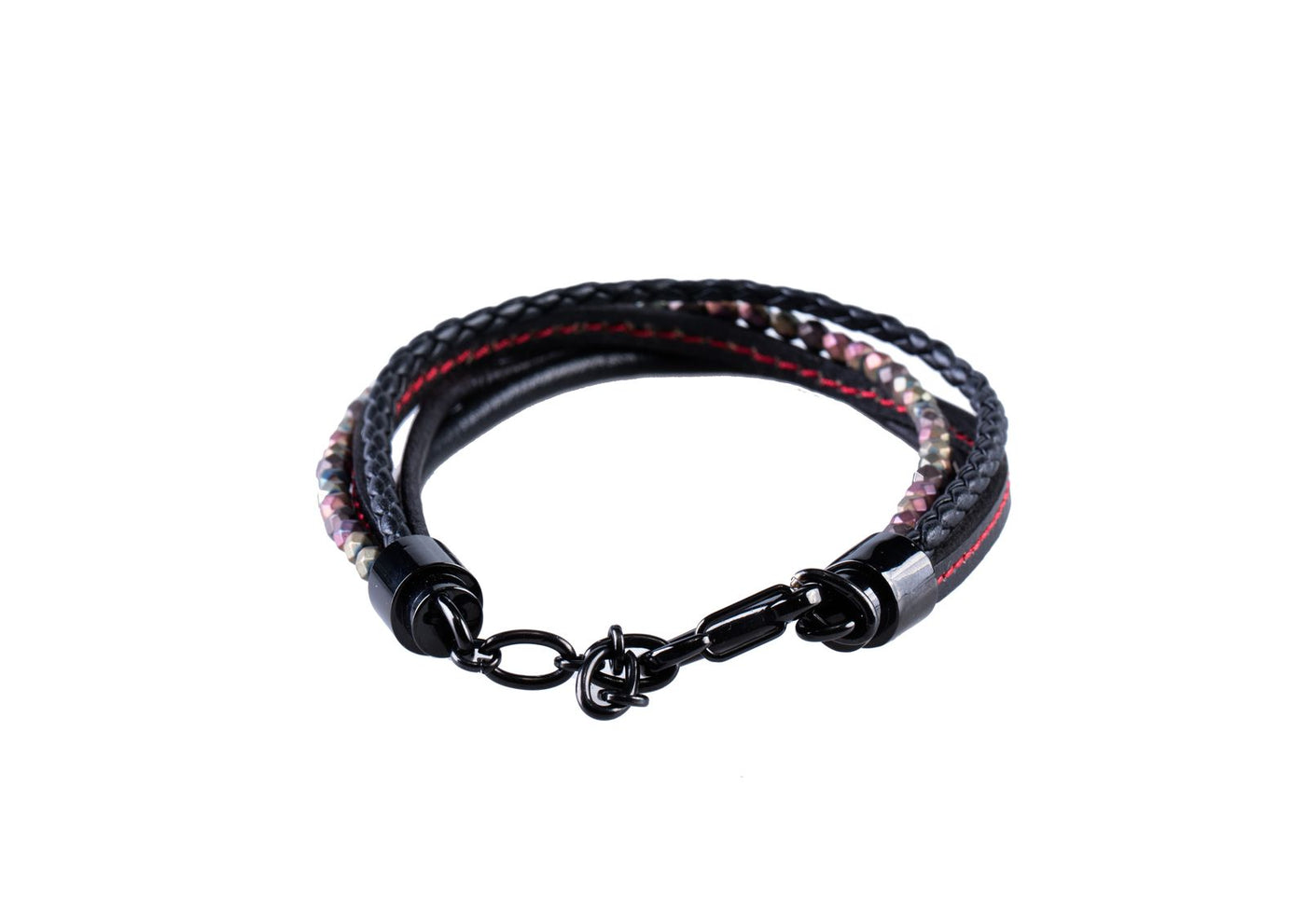 Multi-Strand Black Leather & Hematite Beads Bracelet with Ion Plated Black Polished Stainless Steel Clasp