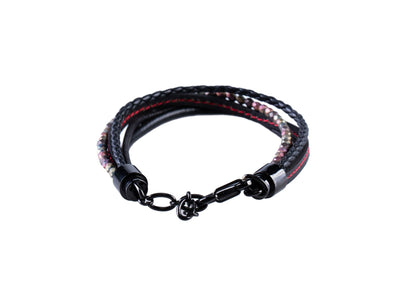 Multi-Strand Black Leather & Hematite Beads Bracelet with Ion Plated Black Polished Stainless Steel Clasp
