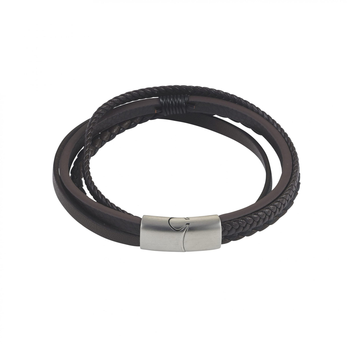 Dark Brown Multi Strand Leather & Stainless Steel Bracelet