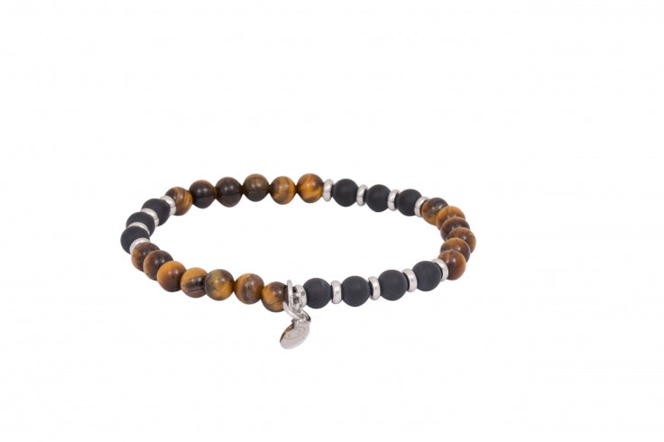 6mm Tiger Eye & Black Agate Bead Bracelet with Stainless Steel Discs