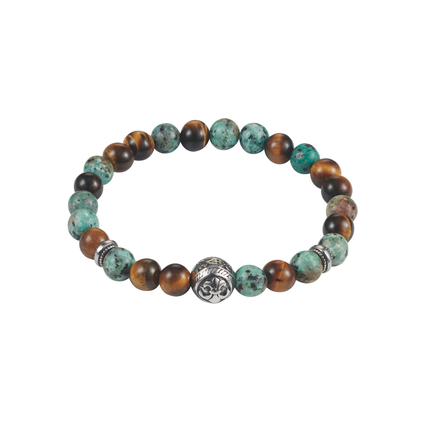 8mm Tiger Eye & African Turquoise Bead & Stainless Steel Bracelet