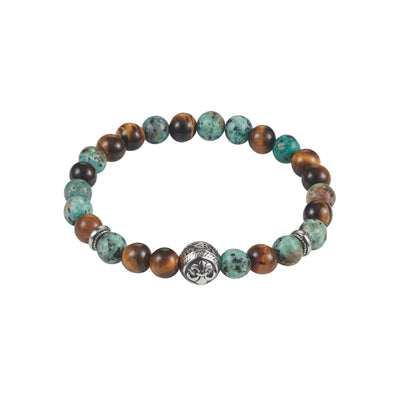 8mm Tiger Eye & African Turquoise Bead & Stainless Steel Bracelet