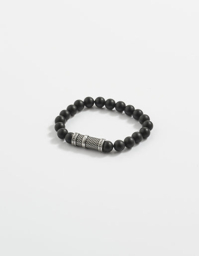8mm Brushed Black Agate Stone Bracelet with Ion Plated Black Lattice Pattern Stainless Steel